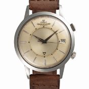 A GENTLEMAN'S SIZE STAINLESS STEEL JAEGER LECOULTRE MEMOVOX AUTOMATIC ALARM WRIST WATCH CIRCA EARLY