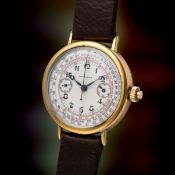 A RARE GENTLEMAN'S SIZE 18K SOLID GOLD LONGINES MONO PUSHER CHRONOGRAPH WRIST WATCH CIRCA 1925, WITH