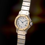 A LADY'S RARE STEEL & GOLD CARTIER SANTOS OCTAGON BRACELET WATCH CIRCA 1980s, REF. 09074