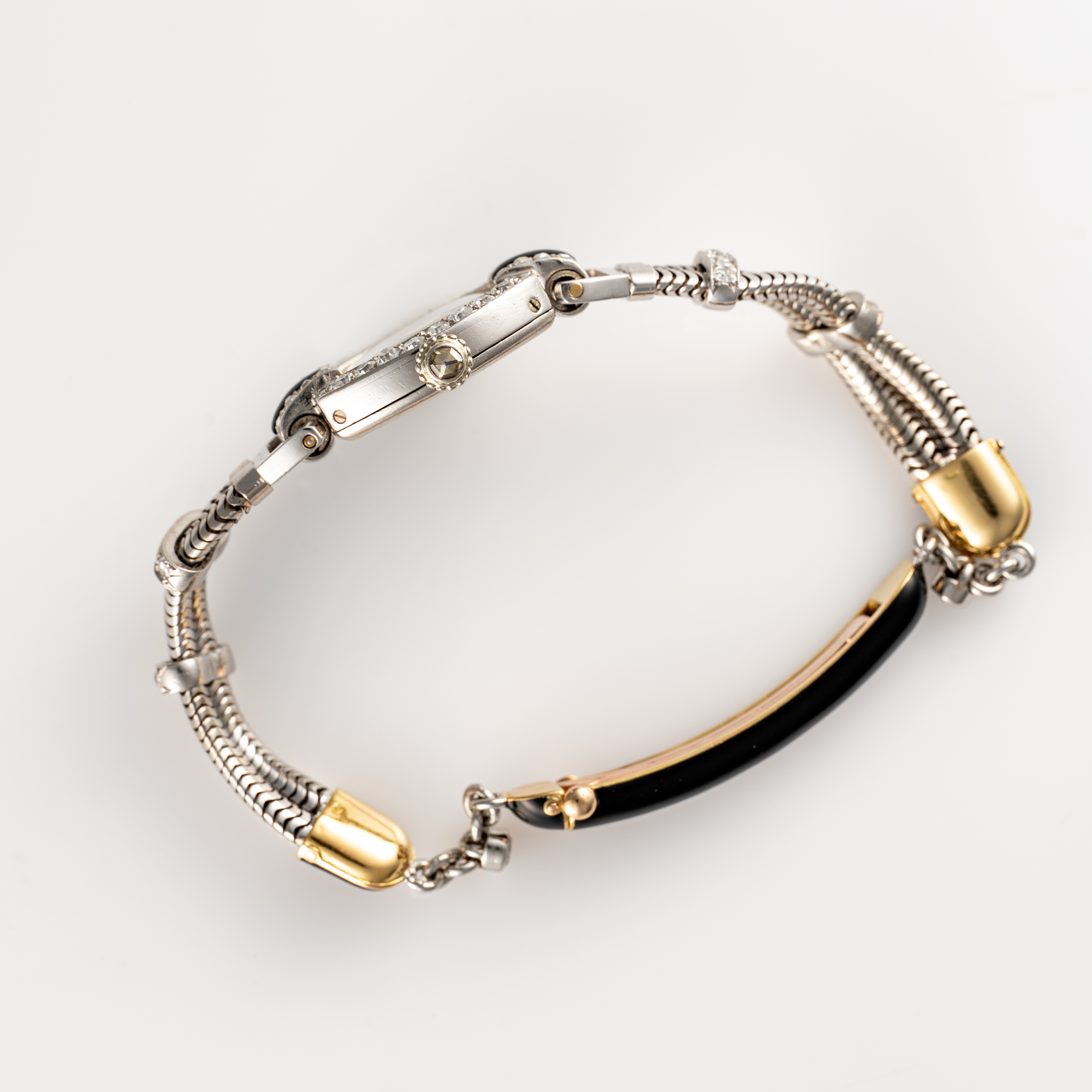 A FINE & RARE LADY'S PLATINUM, 18K SOLID GOLD, DIAMOND, ONYX & BLACK ENAMEL CARTIER COCKTAIL WATCH - Image 8 of 10