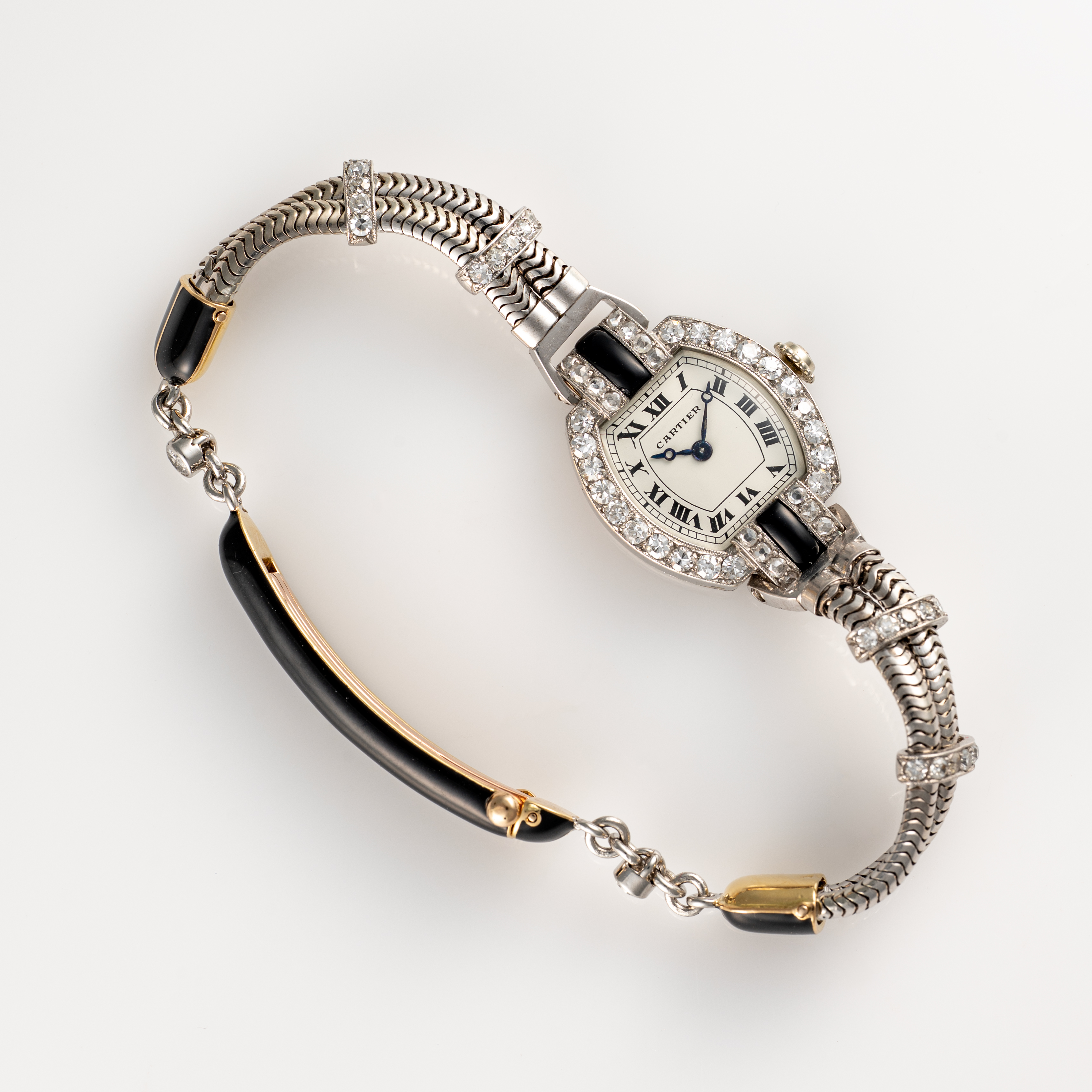 A FINE & RARE LADY'S PLATINUM, 18K SOLID GOLD, DIAMOND, ONYX & BLACK ENAMEL CARTIER COCKTAIL WATCH - Image 6 of 10
