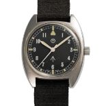 A RARE GENTLEMAN'S SIZE STAINLESS STEEL BRITISH MILITARY RAF WRIST WATCH DATED 1976, THE "LOST
