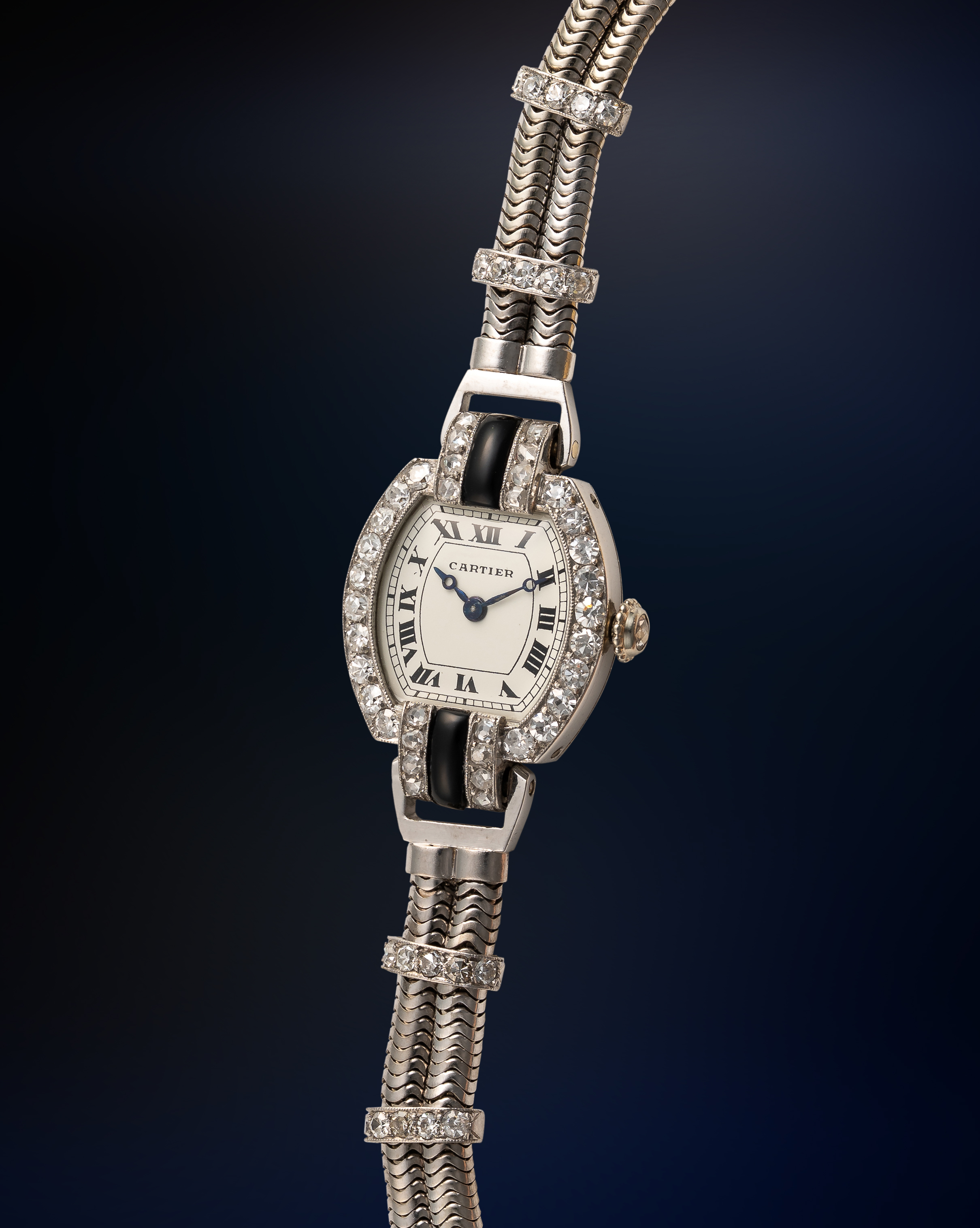 A FINE & RARE LADY'S PLATINUM, 18K SOLID GOLD, DIAMOND, ONYX & BLACK ENAMEL CARTIER COCKTAIL WATCH - Image 3 of 10