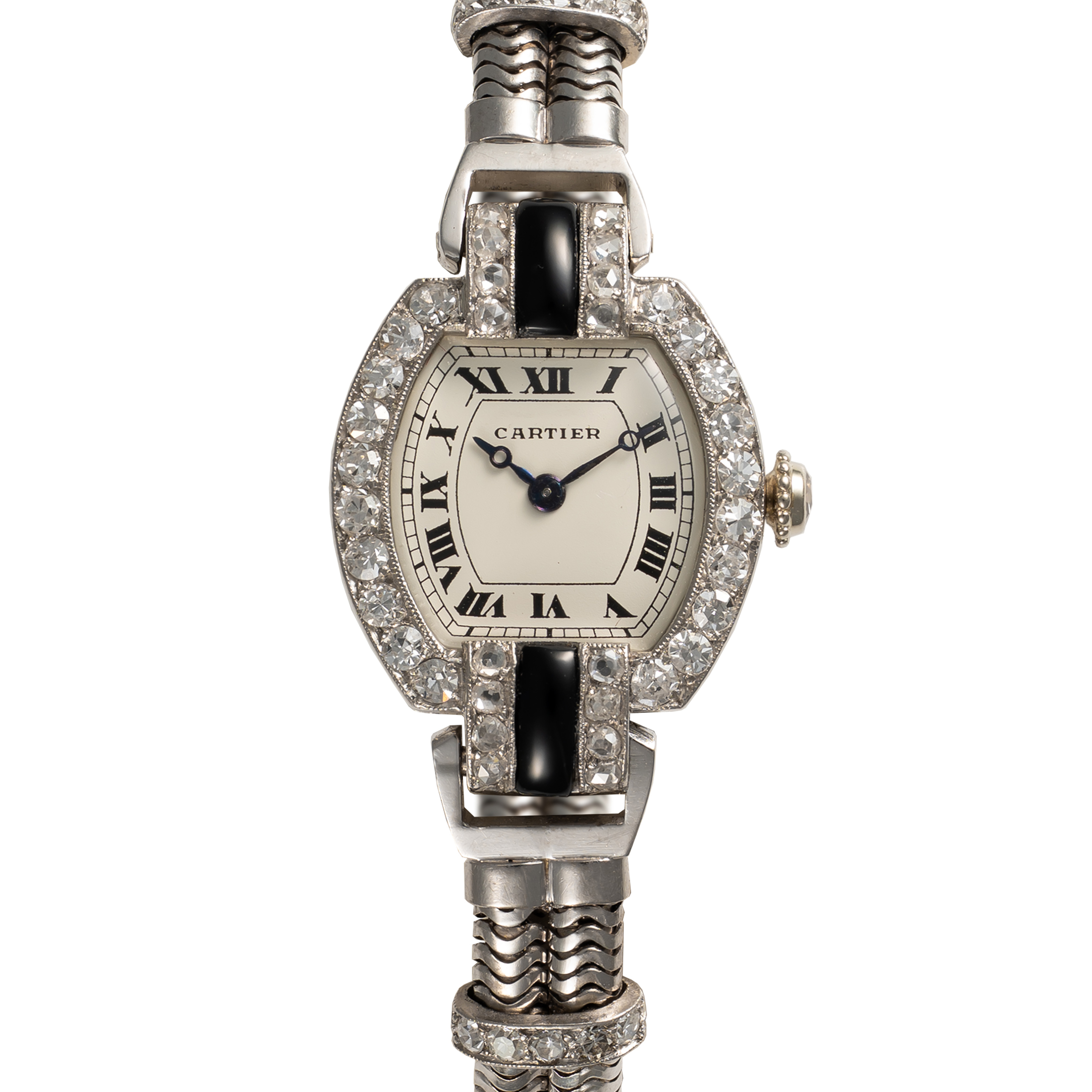 A FINE & RARE LADY'S PLATINUM, 18K SOLID GOLD, DIAMOND, ONYX & BLACK ENAMEL CARTIER COCKTAIL WATCH - Image 2 of 10