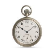 A GENTLEMAN'S NICKEL CASED BRITISH MILITARY ROLEX POCKET WATCH CIRCA 1930s, WITH WHITE ENAMEL