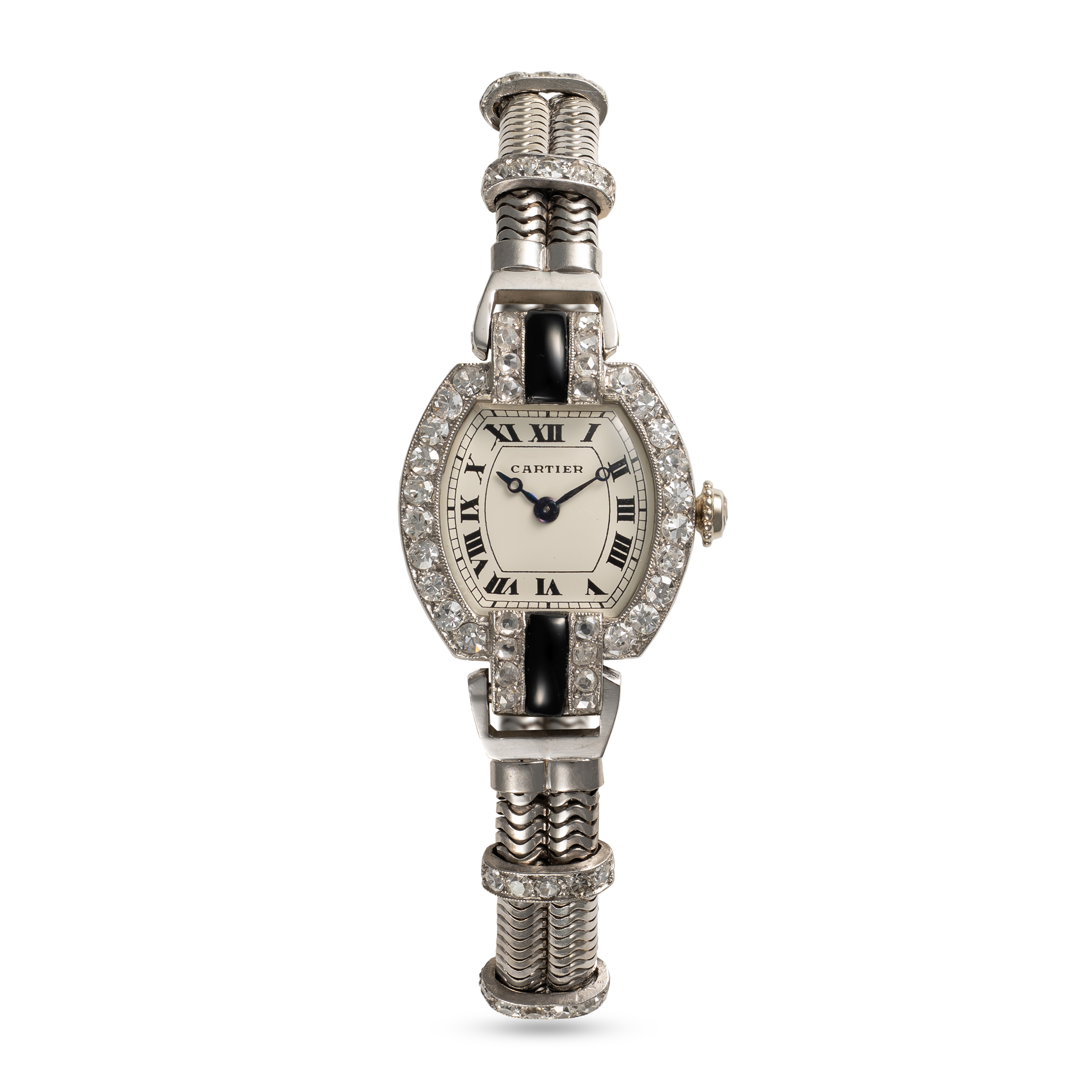 A FINE & RARE LADY'S PLATINUM, 18K SOLID GOLD, DIAMOND, ONYX & BLACK ENAMEL CARTIER COCKTAIL WATCH - Image 4 of 10