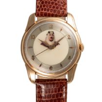A FINE & RARE GENTLEMAN'S SIZE 14K SOLID ROSE GOLD LONGINES WRIST WATCH CIRCA 1958, REF. 6615 WITH