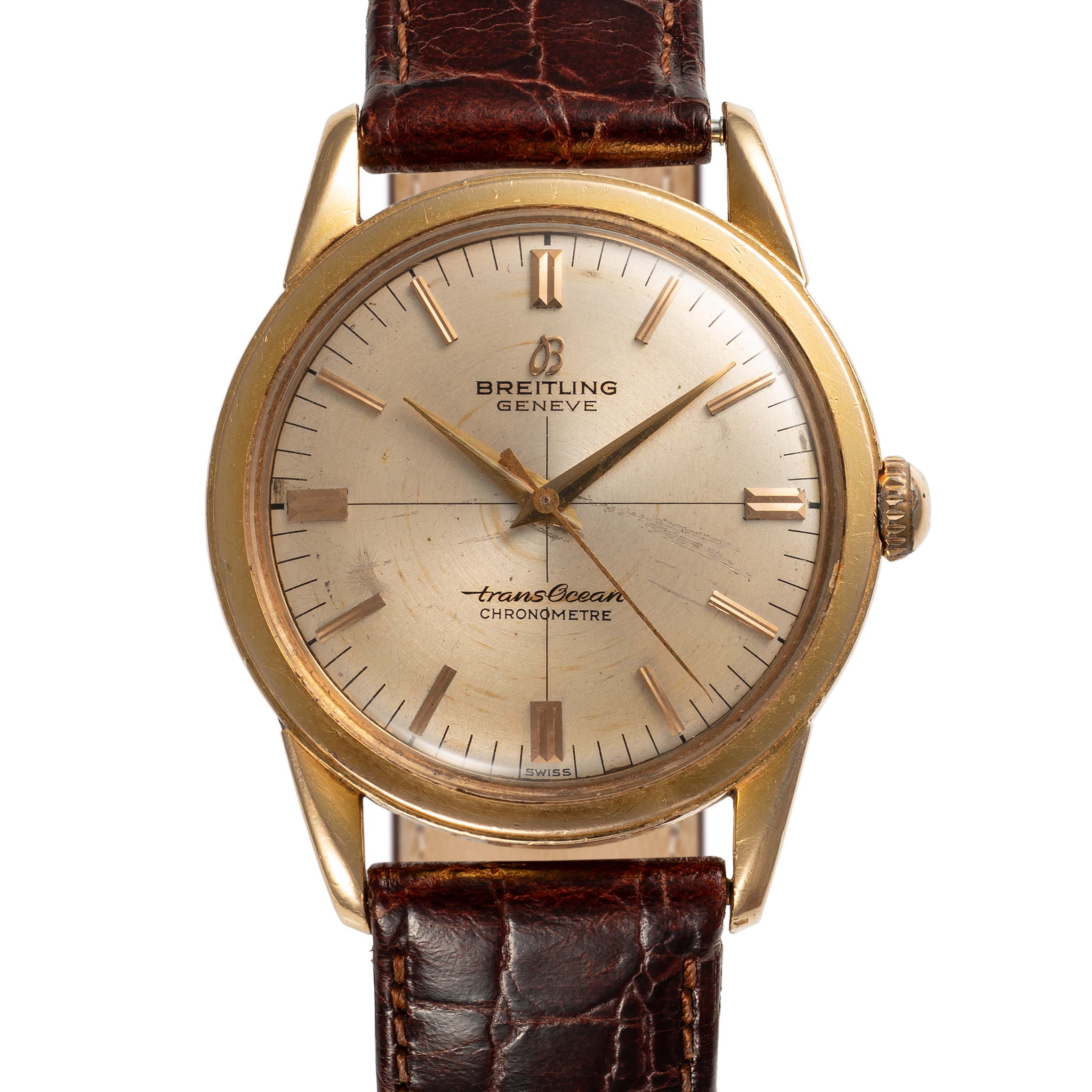 A RARE GENTLEMAN'S SIZE 18K SOLID GOLD BREITLING TRANSOCEAN WRIST WATCH CIRCA 1960s Movement: 25J,