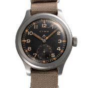 A GENTLEMAN'S SIZE STAINLESS STEEL BRITISH MILITARY CYMA W.W.W. WRIST WATCH CIRCA 1945, PART OF