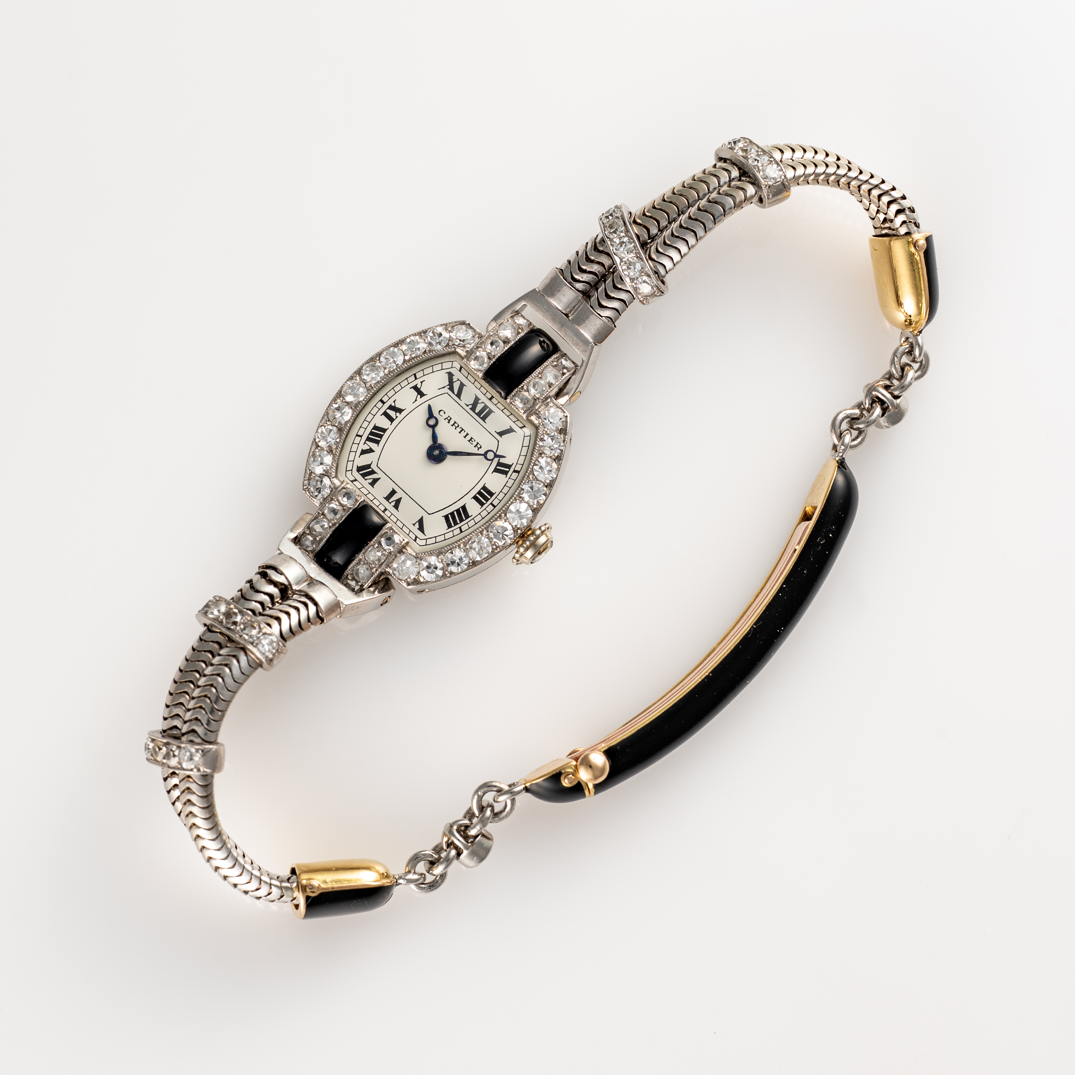 A FINE & RARE LADY'S PLATINUM, 18K SOLID GOLD, DIAMOND, ONYX & BLACK ENAMEL CARTIER COCKTAIL WATCH - Image 5 of 10