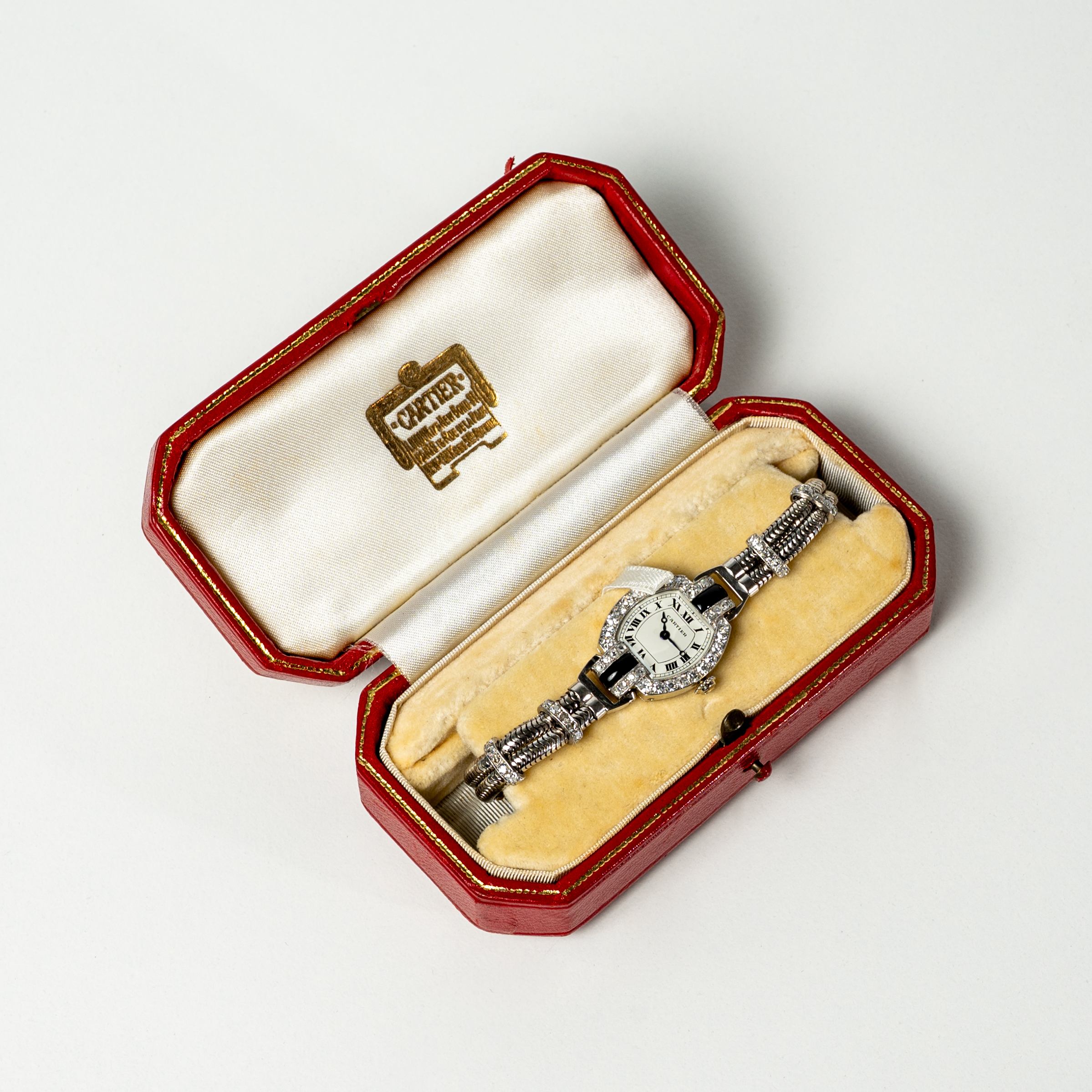 A FINE & RARE LADY'S PLATINUM, 18K SOLID GOLD, DIAMOND, ONYX & BLACK ENAMEL CARTIER COCKTAIL WATCH - Image 10 of 10