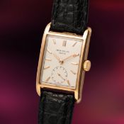 A GENTLEMAN'S LARGE RECTANGULAR 18K SOLID ROSE GOLD PATEK PHILIPPE GONDOLO WRIST WATCH DATED 1965,