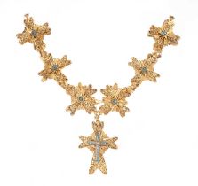 A diamond, enamel and gold necklace, the filigree cruciform links centred with blue enamel