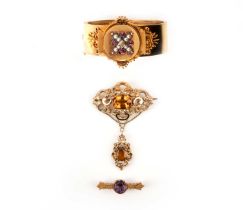 A collection of jewellery, comprising: a Victorian diamond, ruby and pearl bangle, of hinged