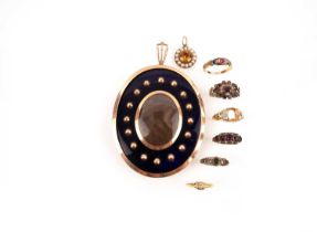 A collection of jewellery, 19th century and later, comprising: a gold and blue enamel portrait