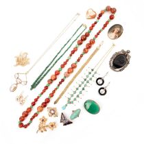 A collection of jewellery, comprising: a coque de perle gold pendant necklace, pendant length 6.5cm,