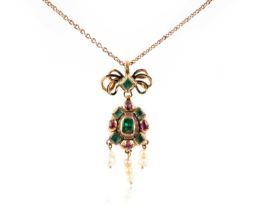A Renaissance Revival emerald, ruby and pearl pendant, set with a central step-cut emerald