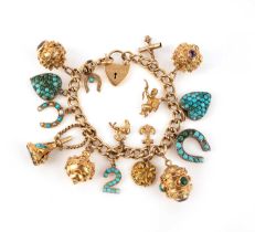 A gold charm bracelet, suspending 16 gem-set or plain charms including the number 2 set with