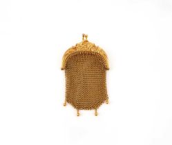 A gold mesh coin purse, the frame decorated with floral scrolls and set with a hoop to one side, the