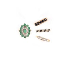 A collection of rings, comprising: a late 19th century diamond five-stone ring in yellow gold,
