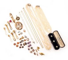 A collection of jewellery, comprising: a two-strand cultured pearl necklace to a gold floral