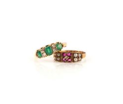 Two rings, comprising: an emerald and diamond half-hoop ring in yellow gold, size N; and a ruby