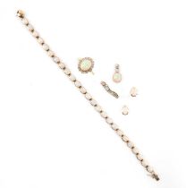 A collection of opal jewellery, comprising: an opal and diamond cluster ring in 18ct yellow gold,
