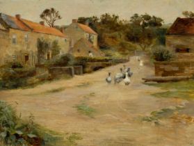 Φ Attributed to Owen Bowen (1873-1967) Geese in a farmyard Oil on canvas 30.2 x 40.5cm