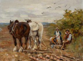 James William Booth RCA (1867-1953) A break from the ploughing Signed JW Booth (lower right) Oil