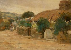 James William Booth RCA (1867-1953) Figures outside a thatched cottage Signed JW Booth (lower right)