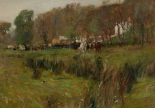 Circle of James William Booth Cattle in a water meadow Oil on canvas laid on board 22.2 x 33.5cm