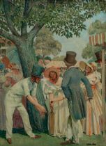 British School 20th Century A day at the cricket Indistinctly signed William *** (lower right) Oil
