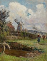 James William Booth RCA (1867-1953) Landscape with a woman and cattle by a pond, a windmill beyond