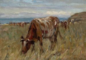 James William Booth RCA (1867-1953) Cattle grazing near the coast Signed JW Booth (lower right)