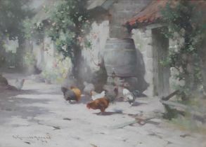 Robert Russell Macnee (Scottish 1880-1952) Chickens in a courtyard Signed and dated R Russell Macnee