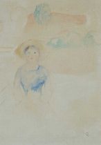 Attributed to Pierre-Auguste Renoir (French 1841-1919) Young woman wearing a broad brimmed hat