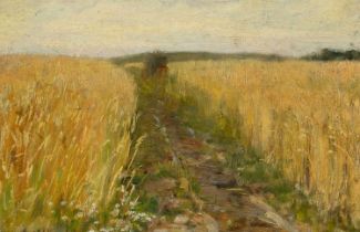 James William Booth RCA (1867-1953) The cornfield Signed JW Booth (lower left) Oil on board 15.5 x