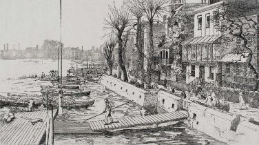 Φ May Tremel (1882-1963) View from Hammersmith Bridge of Lower Mall, Hammersmith Etching, from the