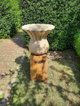 Will Spankie (b.1967) Poppy Seed Head Birdbath Purbeck freestone on an oak plinth 40 x 35 x 40cm,