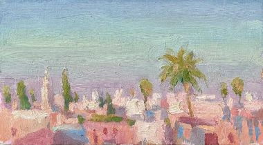 Lucy Kent (b.1984) Morning above the Rooftops Signed with initials LK (lower right) Oil on panel
