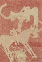 Mary Tambini (Contemporary) Kazak Horses Signed Mary Tambini (lower right) Relief print Framed 38