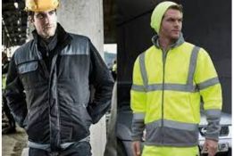 LARGE PALLET OF ASSORTED WORKWEAR STOCK. PALLETS MAY INCLUDE ITEMS SUCH AS: HI-VIZ JACKETS, HI-VIZ