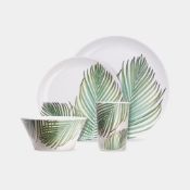 16 Piece Leaf Print Melamine Dinner Set of 4 Dinner Plates, Side Plates, Bowls & Tumblers, Multi-