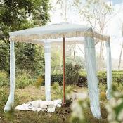 Boxed Sage Green and White Striped Fringed Cabana RRP £149.99-D38.3 Featuring blue and white