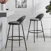 Boxed Set of 2 Grey Velvet Upholstered Bar Stools with Contrast Piping RRP £129.99-D39.4 The set