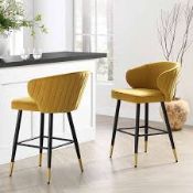 Boxed Set of 2 Mustard Velvet Upholstered Carver Counter Stools RRP £219.99-D38.3 The set includes 2