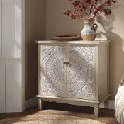 Boxed Whitewashed Carved Small Sideboard RRP £249.99-D38.4 Flower patterned antique brass handles