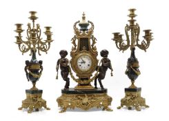 A Neoclassical style gilt metal mantle clock and garniture,
