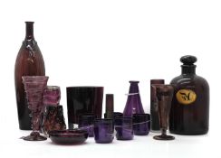 A collection of amethyst glass items,
