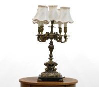A French gilt five arm table lamp,
